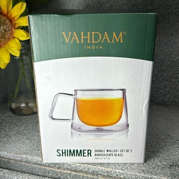 NIB VAHDAM Shimmer Borosilicate Glass Double Walled Teacups Set Of 2 - Picture 2 of 8